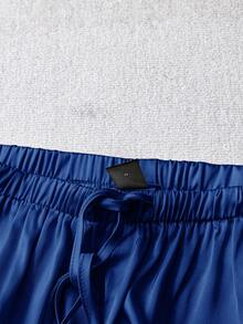 SHEIN LUNE 女士休闲亮面缎面低腰阔腿裤，适合简约休闲和通勤穿搭，春夏缎面裤，女士蓝色休闲裤 - 藍色 - 查看 6