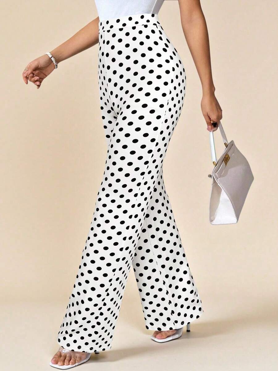 Amorya Women's Vintage Polka Dot Black & White Print Knit Elastic Pants, Suitable For Daily, Commuting And Multi-Occasion Wear, Autumn