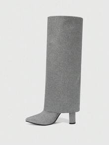 CUCCOO SZL 女士尖头粗跟灰色闪光面料双层设计时尚性感舒适日常派对场合侧拉链套穿踝靴 - 灰色 - 查看 5
