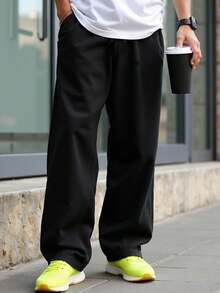 SHEIN 青少年男孩简约宽松黑色运动裤，休闲、舒适、时尚、百搭、面料柔软，适合日常穿着、上学、郊游、户外活动、秋冬季 - 黑色 - 查看 4