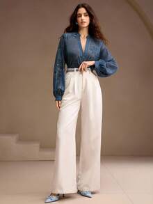 Anewsta 宽松半透明 V 领刺绣长袖衬衫，饰有彩色亮片细节，彰显女性优雅的办公室风格