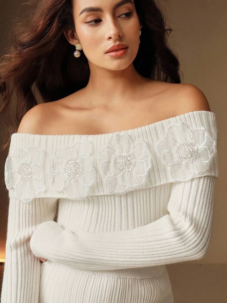 Women's Elegant White Knitted Sweater With Floral Applique Off-Shoulder Turtleneck, Autumn/Winter