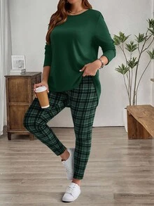 EMERY ROSE Bộ áo phông đen và quần legging kẻ caro cỡ lớn cho mùa đông dành cho nữ - xanh quân đội - Xem 1