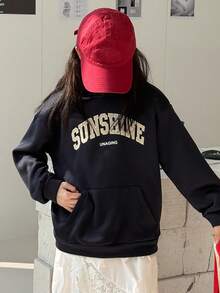 Dazy Kids Tween Girls Hooded Knit Fleece Letter Print Sweatshirt, Autumn,Winter - Navy Blue - View 2