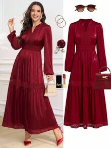 Ellevyn Women's Elegant Burgundy Long Sleeve Lace Patchwork Dress - Burgundy - View 1