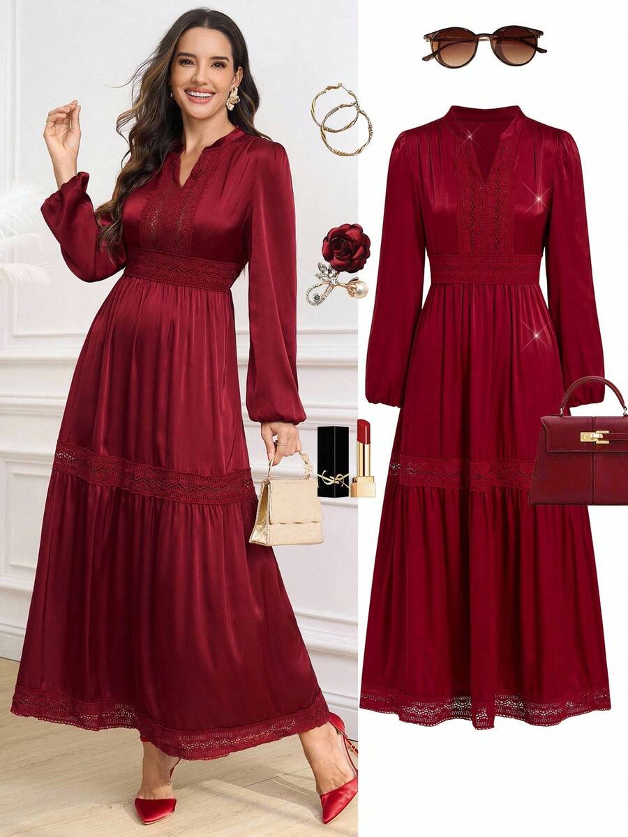 Ellevyn Women's Elegant Burgundy Long Sleeve Lace Patchwork Dress - Burgundy - View 1