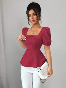 Elenzga 新款时尚百搭法式蝴蝶结灯笼袖优雅提花面料女式衬衫