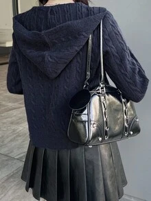 FRIFUL Cárdigan casual de ajuste ceñido con capucha, azul marino, con patrón de bordado en contraste, adecuado para el otoño - Azul Marino - Ver 5