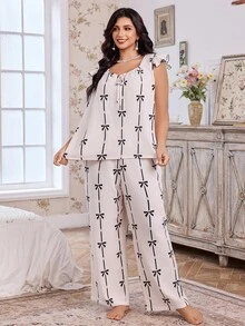 CottageSlumber Plus Size Romantic Bow Print Tie-Up Ruffle Hem Pajama Set Bow Print Pajamas Summer Lounge Sets For Women