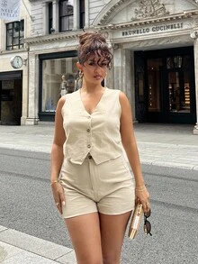 NegzBox 夏季女士 V 领纽扣衬衫、A 字短裤 2 件套、棉质水洗休闲度假背心和短裤套装 - 杏色 - 查看 4