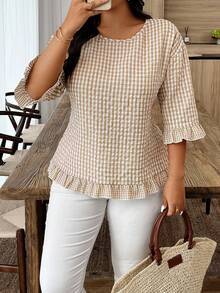 Weeklong Plus Size Casual Plaid Ruffle Trim Shirt Fall - Khaki - View 4