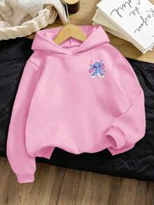 SHEIN Playful Pals 女童休闲可爱卡通兔子印花连帽卫衣，粉色女童卫衣，日常穿着，秋冬季 - 粉色 - 查看 2