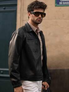 HIMLAND 男士休闲多口袋翻领PU皮长袖夹克，复古工装夹克，黑色拉链夹克，休闲日常穿着，秋冬季，颓废风 - 黑色 - 查看 8