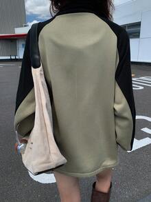 DAZY 女式撞色宽松立领长袖休闲羊毛夹克秋冬 - 軍綠色 - 查看 4