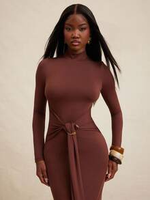 NYA SZN 连衣裙长袖修身金属细节特殊场合正式端庄婚礼宾客教堂约会外出夜场秋冬适合通勤女士服装