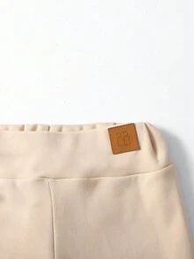 SHEIN Leggings per ragazze pre-adolescenti, termici e foderati per l'autunno/inverno, in morbido tessuto elasticizzato a costine, con toppe in PU, adatti a ogni occasione, colori cachi e albicocca