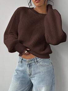 SHEIN BASICS 女士纯色圆领长袖休闲宽松针织毛衣，秋冬 - 咖啡棕 - 查看 4