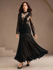 Anewsta Petite Rochie elegantă și romantică din dantelă, cu mânecă lungă, model patchwork, cu tiv evazat și volane, nouă sosire Anewsta - Negru - Vizualizare 5