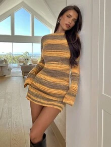 Aloruh 女士秋冬新款扎染条纹网眼露背喇叭袖紧身针织连衣裙 - 彩色 - 查看 8