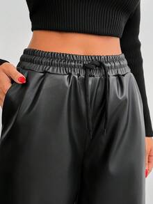 EURMUSE Solid Color, Pu Leather, Elastic Waist, Drawstring, Straight Fit Pants - Black - View 5