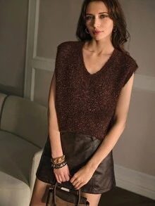 MOTF PREMIUM Maglione a contrasto con paillettes, gilet a maglia, pullover lavorato a maglia per l'autunno e l'inverno - Castano - Visualizzare 8