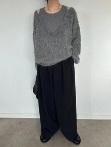 FRIFUL 女士二合一拼接宽松露肩加厚保暖套头衫，秋季 - 灰色 - 查看 5