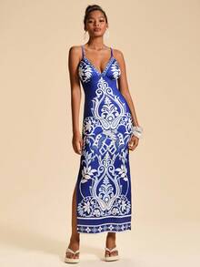 Travachic Women's Royal Blue And Floral V Neck Fitted Camisole Maxi Dress, Summer Boho Holiday Vacation, Luxury Elegant Wedding Guest Prom Outfits - Blue - View 6