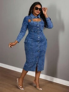 Slaydiva 1 件女士加大码长袖镂空连衣裙，时尚蓝色 - 中等水洗藍 - 查看 4