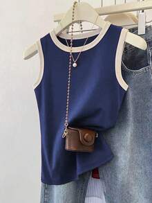 SHEIN Plus Size Women's Casual Contrast Trim Tank Top, Summer - Navy Blue - View 1