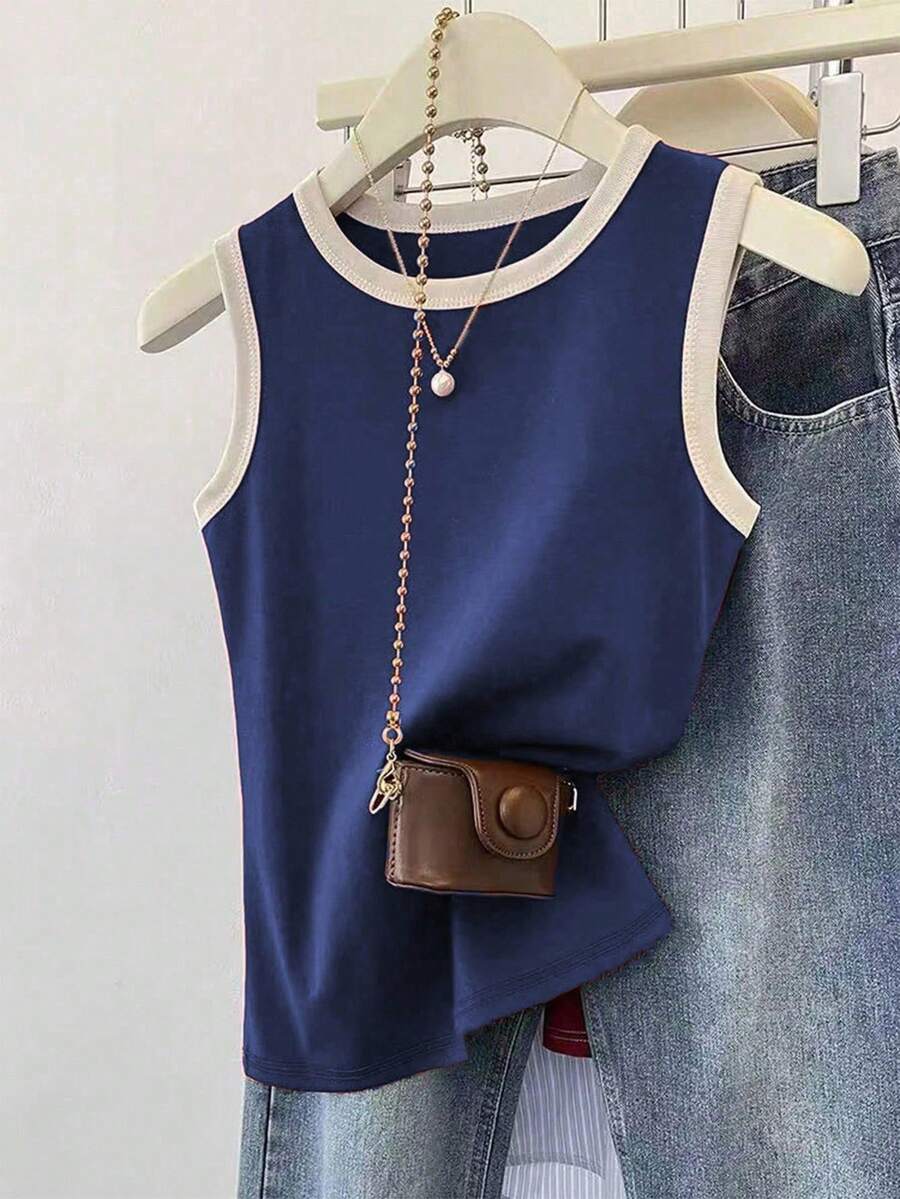 SHEIN Plus Size Women's Casual Contrast Trim Tank Top, Summer - Navy Blue - View 1