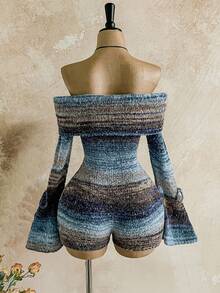 Soleia Casual Off Shoulder Flare Sleeve Tie Up Romper, Vintage Ombre Color, Autumn/Winter Off The Shoulder Playsuit Fall Women Clothes Winter Clothes  Korean Style  Sweaters For Women Fall Outfits For Women Off The Shoulder Bohemian Clothes For Women Sweater Jumpsuits - Multicolor - View 2