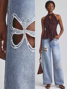 Slaydiva 女式蝴蝶镂空刺绣水钻装饰牛仔裤 - 淺色水洗藍 - 查看 1