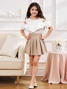 Tween Girl 纯色露肩短袖休闲上衣 - 白色 - 查看 7