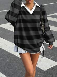 Muchica Camiseta de manga larga holgada con cuello polo, estampado de rayas monocromo estilo vintage retro casual, adecuada para otoño/invierno, calle, deporte, Y2K - Multicolor - Ver 5