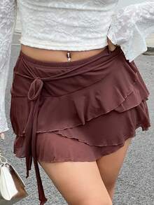 NegzBox Women's Multi-Layer Ruffle Trim Low Rise Y2K Mini Black Skirt - Coffee Brown - View 3