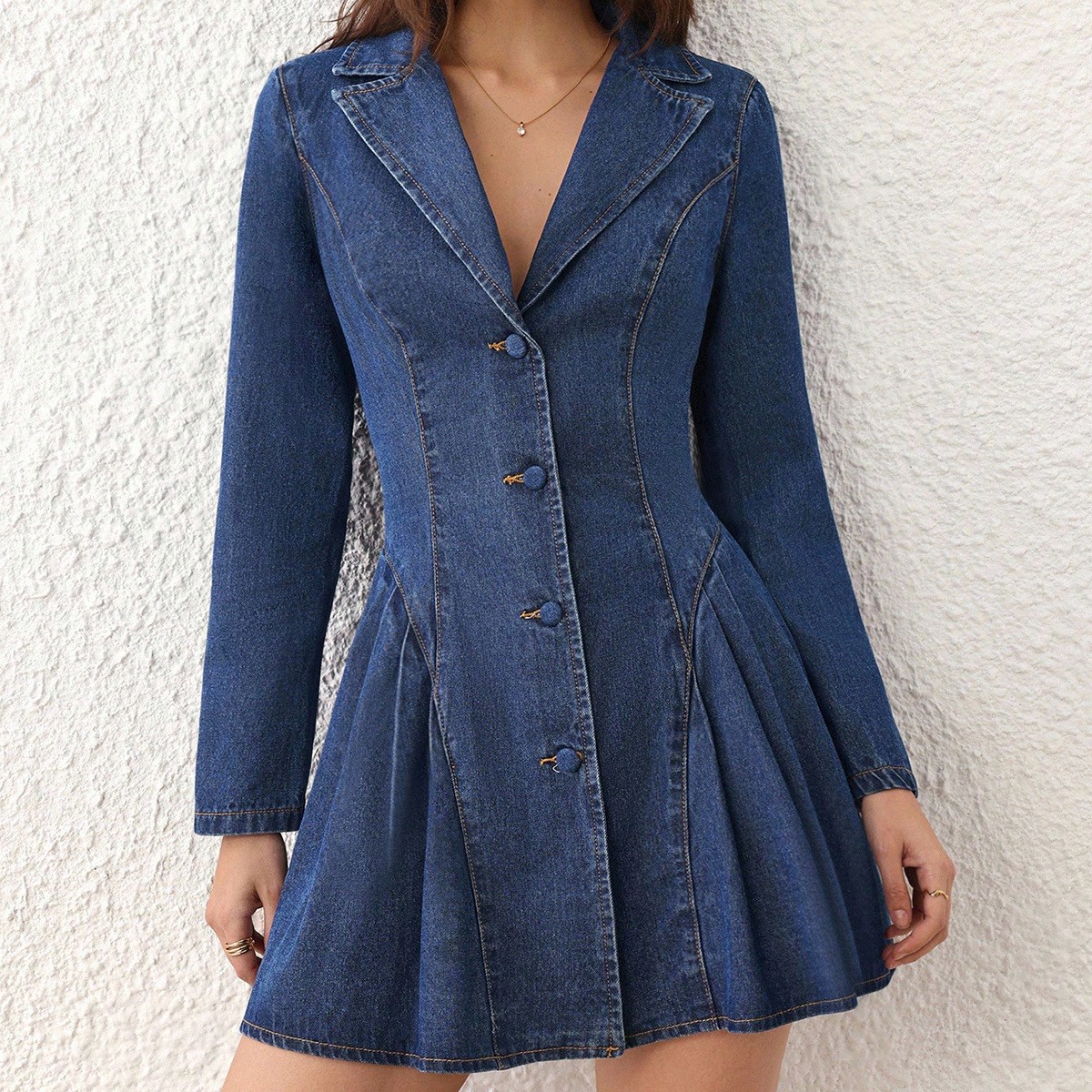 Women's Front Button Pleated Waist Denim Dress