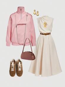 SHEIN MOD Women Pink Vintage Motorcycle Style PU Leather Jacket With Shoulder Strap & Zipper Decor For Women ,Long Sleeve, Autumn/Winter,Halloween Costume, Christmas Clothes ,Rave Outfits ,Winter Jacket Women - Brown - View 1