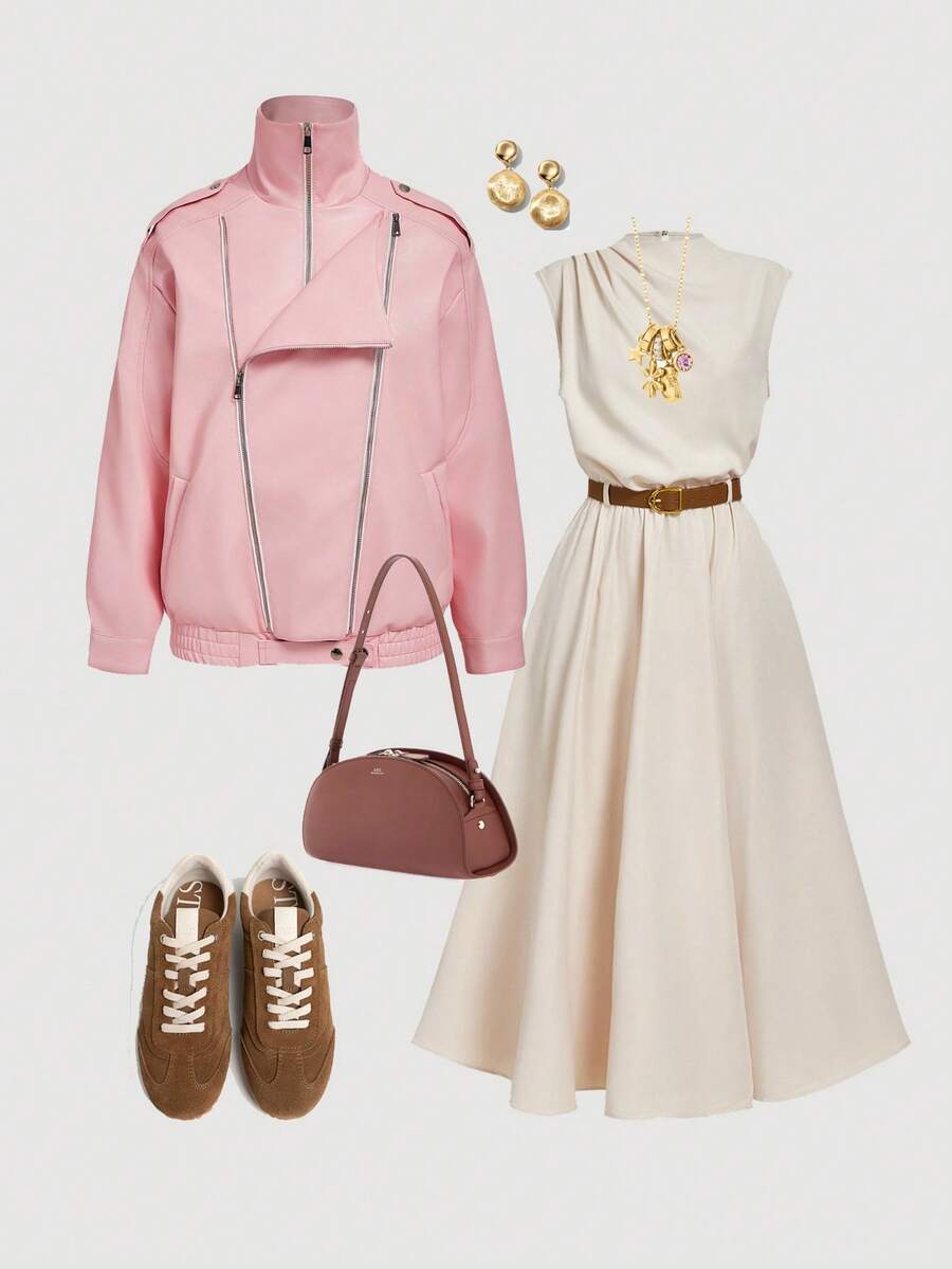 SHEIN MOD Women Pink Vintage Motorcycle Style PU Leather Jacket With Shoulder Strap & Zipper Decor For Women ,Long Sleeve, Autumn/Winter,Halloween Costume, Christmas Clothes ,Rave Outfits ,Winter Jacket Women - Brown - View 1