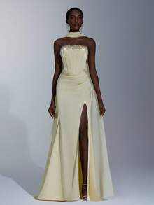 Elitara 优雅浅黄色露肩串珠美人鱼下摆侧开衩连衣裙（可拆卸吊带荷叶边），适合约会、单身派对、婚礼、正式活动、晚会礼服 - 淡黃色 - 查看 2