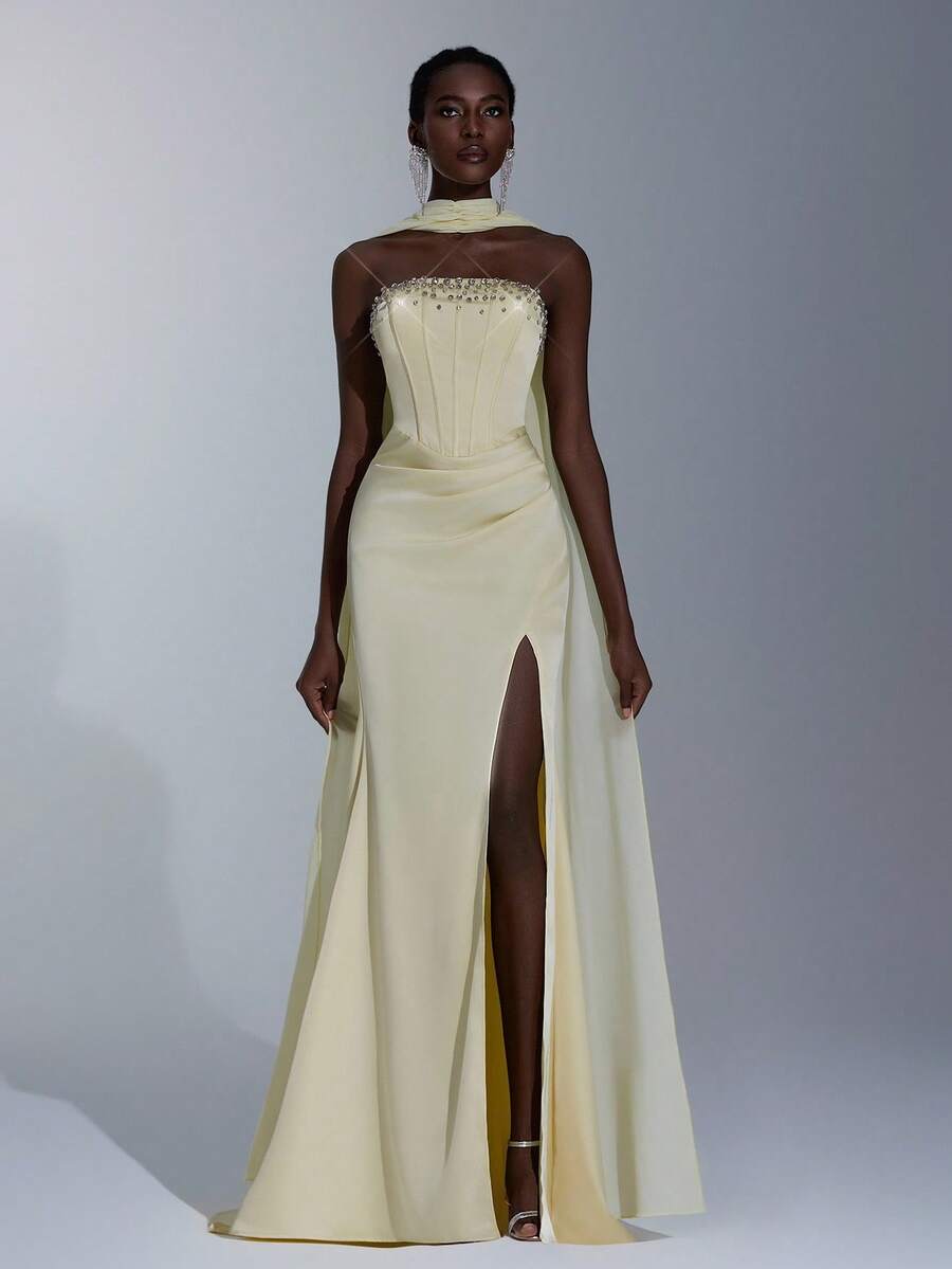 Elitara 优雅浅黄色露肩串珠美人鱼下摆侧开衩连衣裙（可拆卸吊带荷叶边），适合约会、单身派对、婚礼、正式活动、晚会礼服