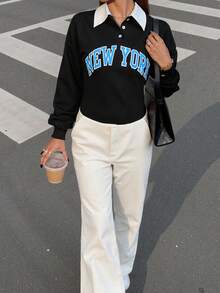 SHEIN Unity 马球领落肩字母图案套头衫，长袖上衣 - 黑色 - 查看 3