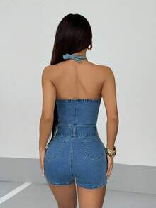 SHEIN Unity 女式性感露背挂脖系带牛仔连体衣，夏季 - 藍色 - 查看 2