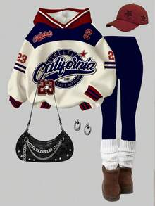 SHEIN Leap Crew 2 件套青少年女孩休闲复古字母和数字徽章图案连帽运动衫和紧身裤，运动学院风格，适合秋冬季