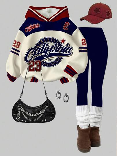 SHEIN Leap Crew 2 件套青少年女孩休闲复古字母和数字徽章图案连帽运动衫和紧身裤，运动学院风格，适合秋冬季