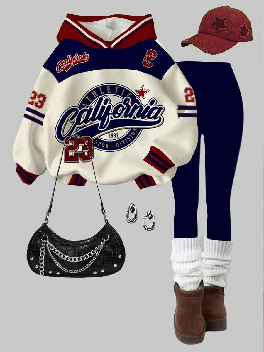 SHEIN Leap Crew 2 件套青少年女孩休闲复古字母和数字徽章图案连帽运动衫和紧身裤，运动学院风格，适合秋冬季