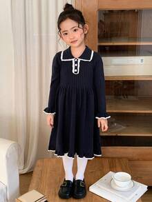 DAZY Gaun Rajut Kasual Anak Perempuan dengan Warna Kontras dan Hiasan Ruffle, Musim Gugur/Dingin - Navy Blue - View 3