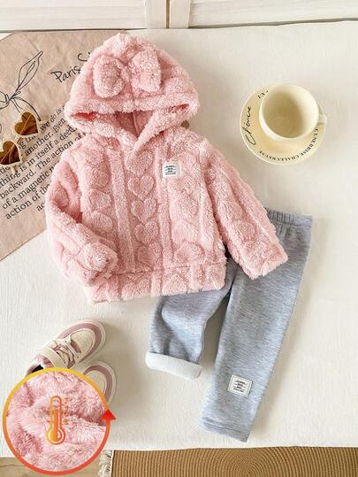 2 件套女婴秋冬蝴蝶结心形提花羊毛连帽衫和松紧腰羊毛裤，适合上学、休闲、度假、运动、居家、6 个月-3 岁、儿童套装、婴儿服装