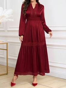 Ellevyn Women's Elegant Burgundy Long Sleeve Lace Patchwork Dress - Burgundy - View 5