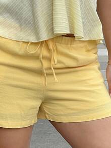NegzBox 纯色前结休闲斜口袋佛罗里达短裤 - 黃色 - 查看 3