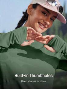 In My Nature 女士透气网眼拼布瑜伽普拉提运动T恤，高弹亲肤面料，紫色开放式拇指孔设计，适合户外训练、跑步、夏季徒步女装 - 軍綠色 - 查看 4